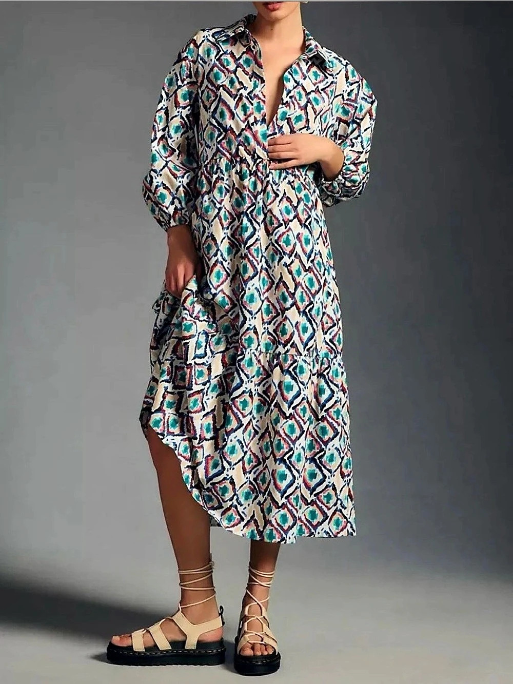 Anthropologie Maeve The Bettina Tiered Shirt Dress Geometric Midi Dress in Multi